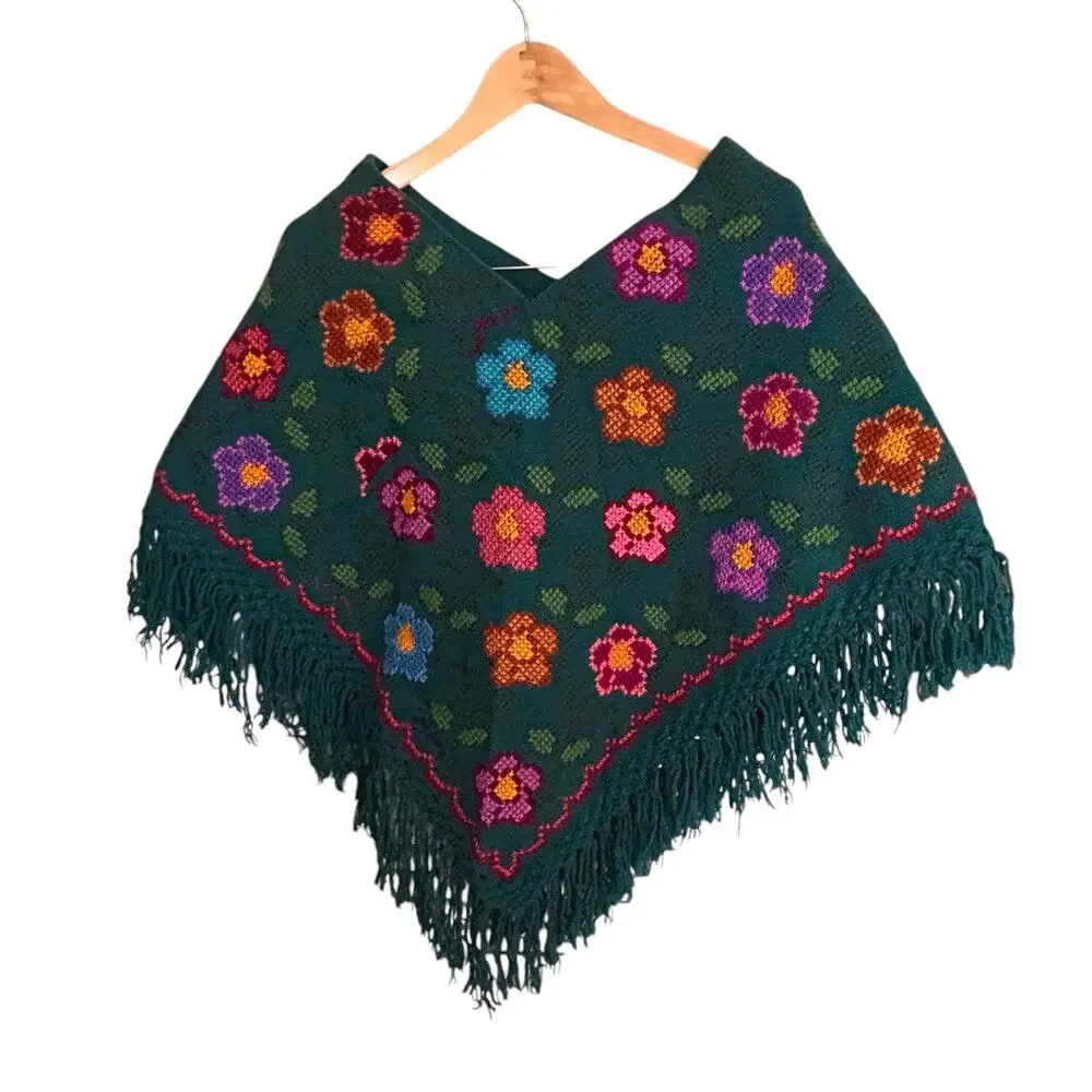 Vintage 70s Cross Stitch Floral Poncho Fringe Boho Folk Teal Cape Shawl -